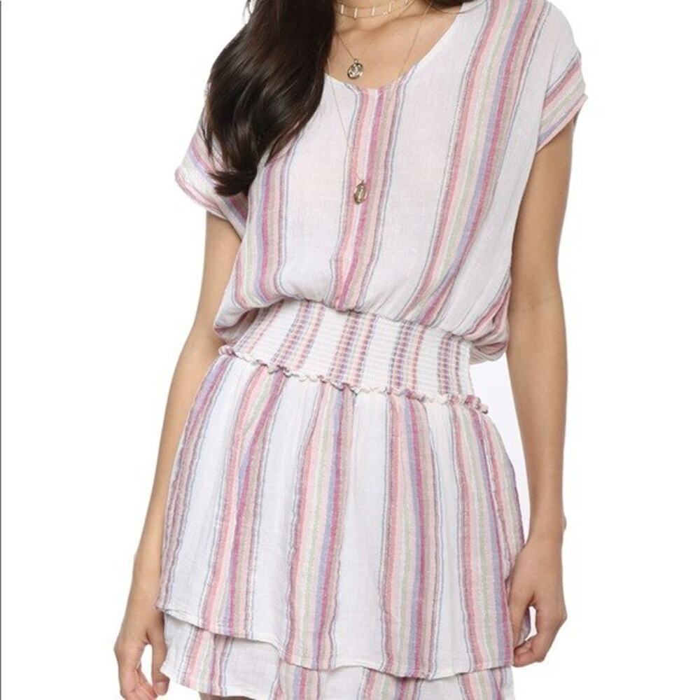 Rails Angelina Striped Dress Sz Small Multicolor Linen Blend V-Neck Tiered Skirt